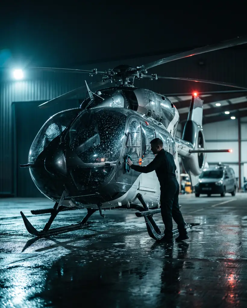 Helicopter hand-washed in the hangar at night
