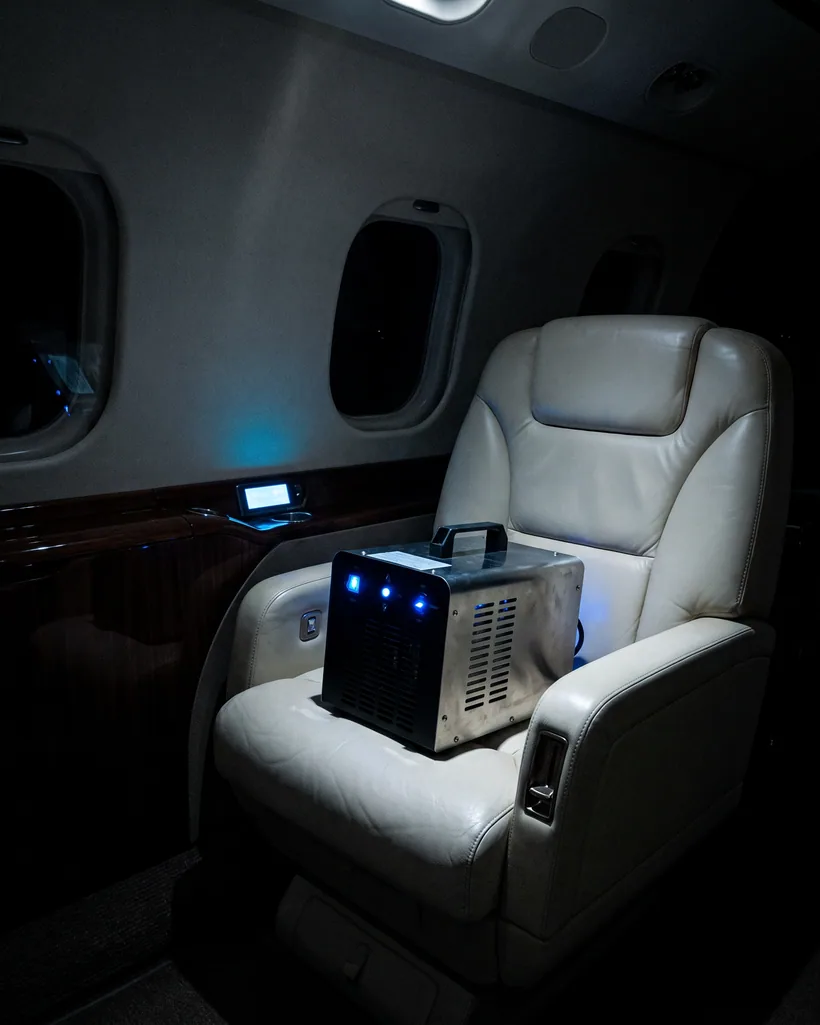 Ozone generator running in a private jet cabin