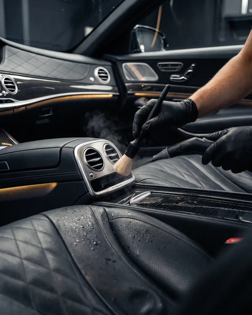 Luxury car interior detailed with a soft brush and steam